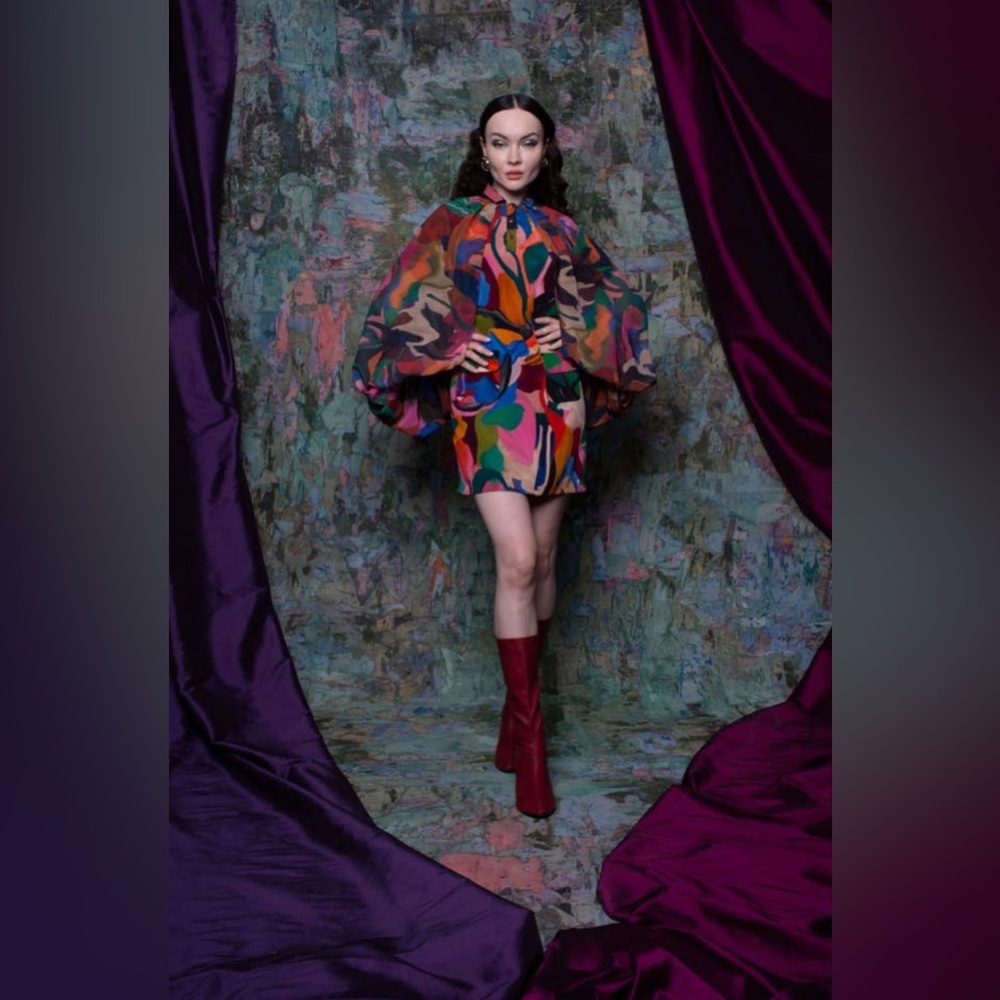 La Fuori Elara Mini Dress Abstract Print Ballon Bell Sleeves Cape Art Inspired L